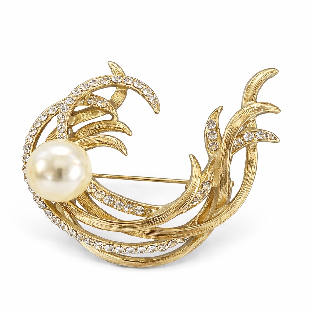 Vintage Gold Tone Faux Pearl Rhinestone‎ Swirl Brooch Pin Mid-Century Style